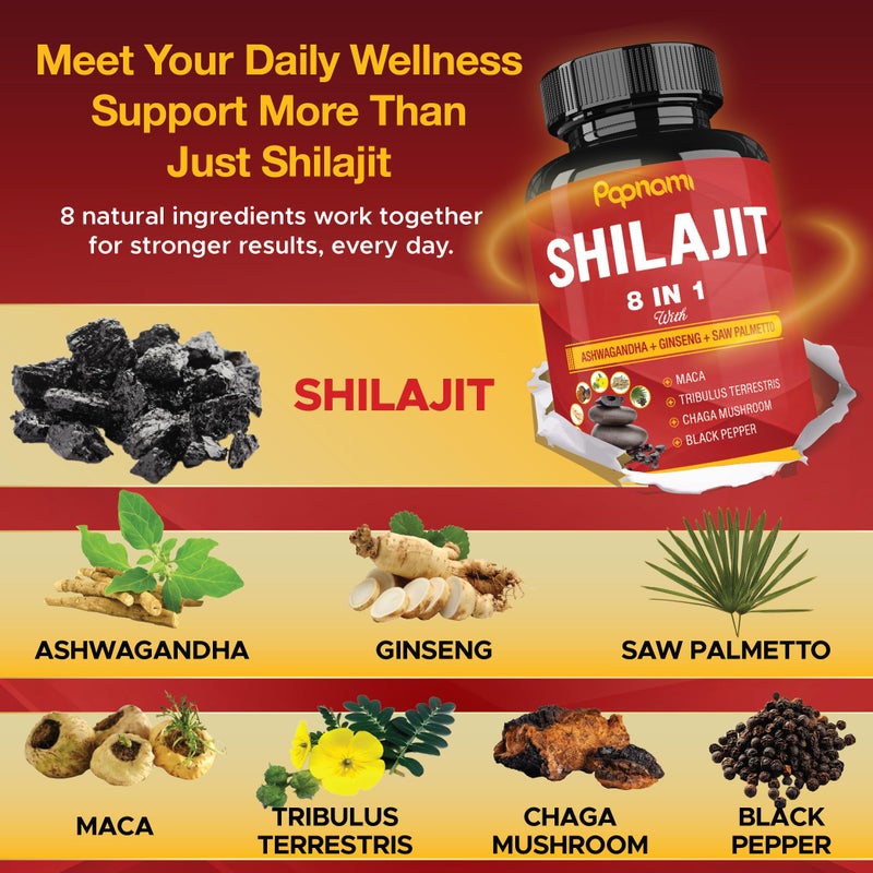 Papnami Shilajit Himalayan Supplement for Men & Women - 150 Capsules Combined Ashwagandha, Ginseng, Saw Palmetto, Maca, Tribulus, Chaga & Black Pepper - Vitality Energy and Immune Supports - Image 4